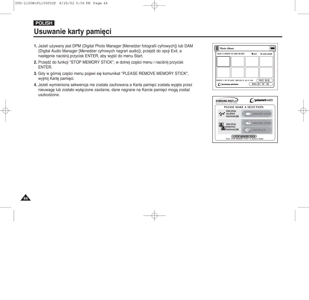 Samsung L100W manual Usuwanie karty pami«ci 