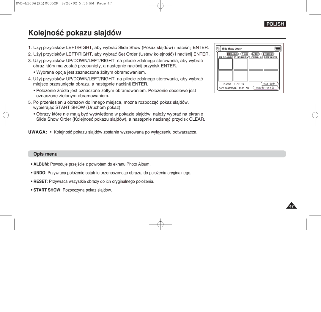 Samsung L100W manual Kolejnoæ pokazu slajd-w 