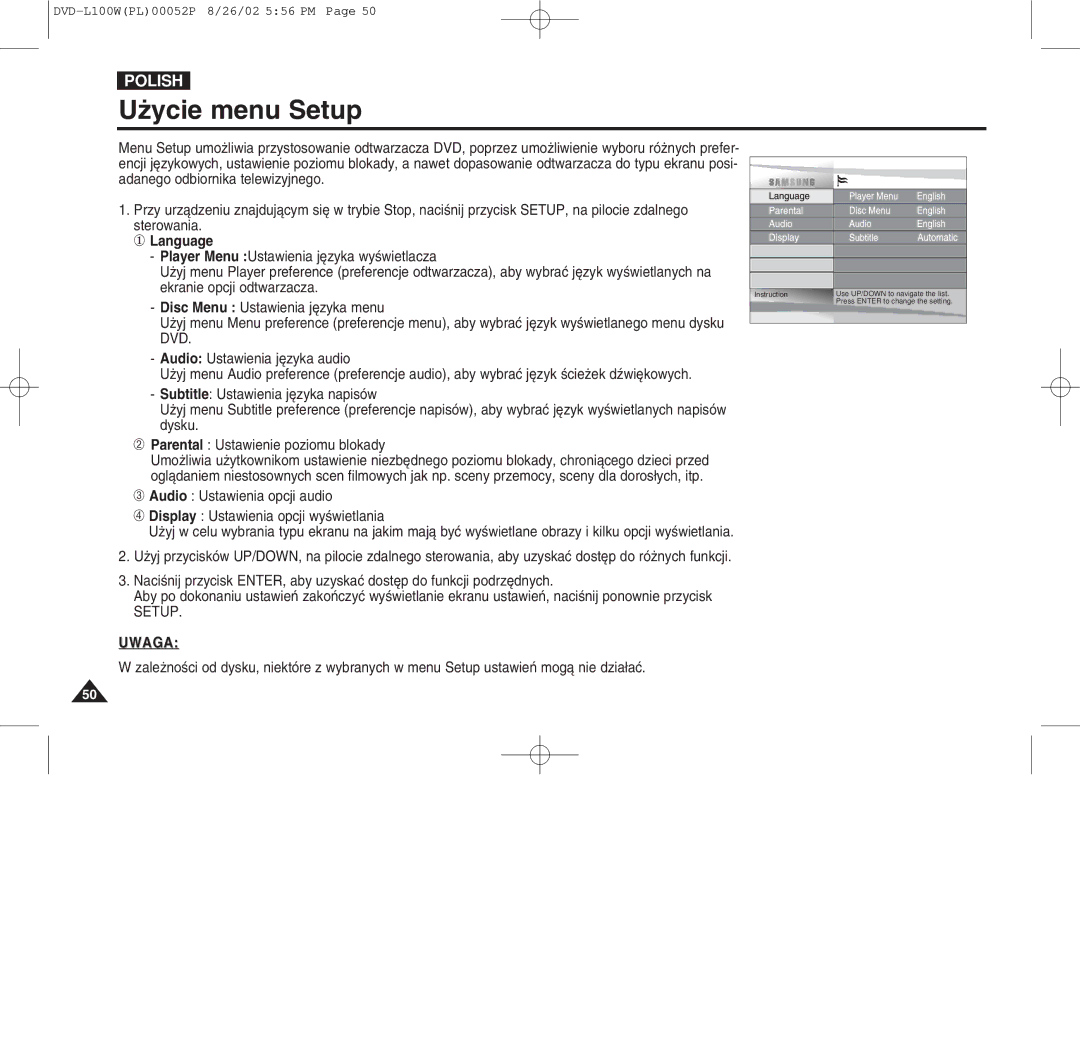 Samsung L100W manual Uýycie menu Setup, ① Language 