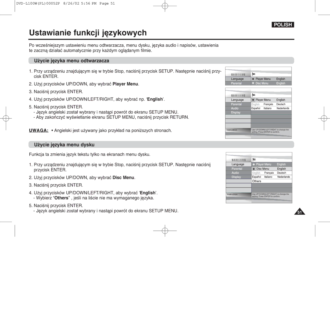 Samsung L100W manual Ustawianie funkcji j«zykowych, Uýycie j«zyka menu odtwarzacza, Uýycie j«zyka menu dysku 