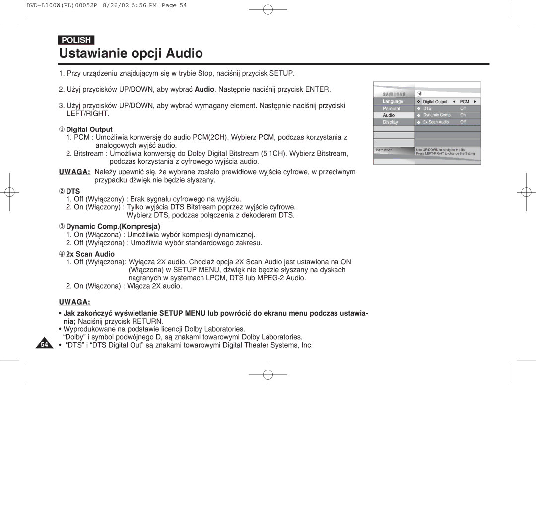 Samsung L100W manual Ustawianie opcji Audio, ① Digital Output, ③ Dynamic Comp.Kompresja, ④ 2x Scan Audio 