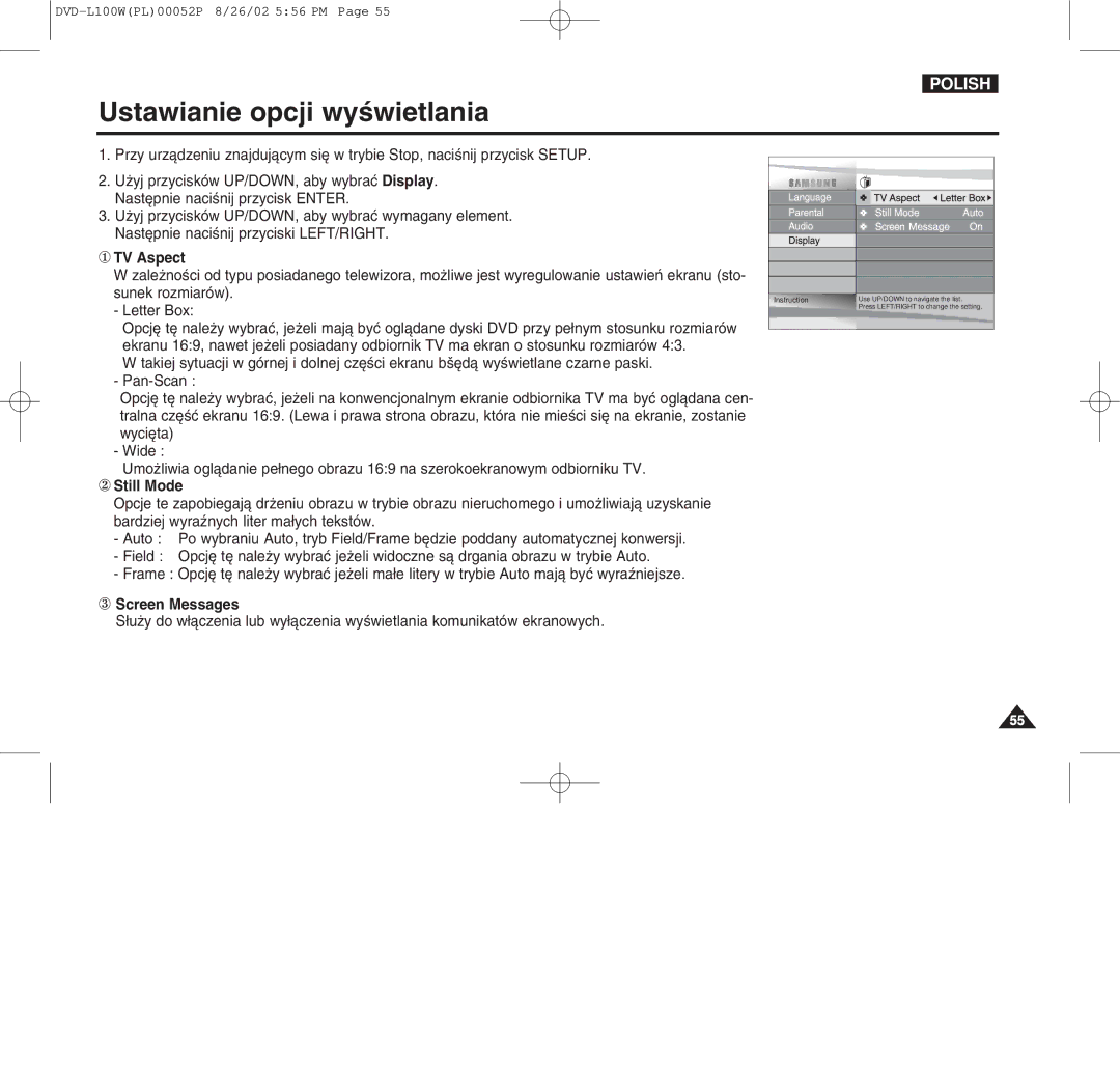 Samsung L100W manual Ustawianie opcji wyæwietlania, ① TV Aspect, ② Still Mode, ③ Screen Messages 