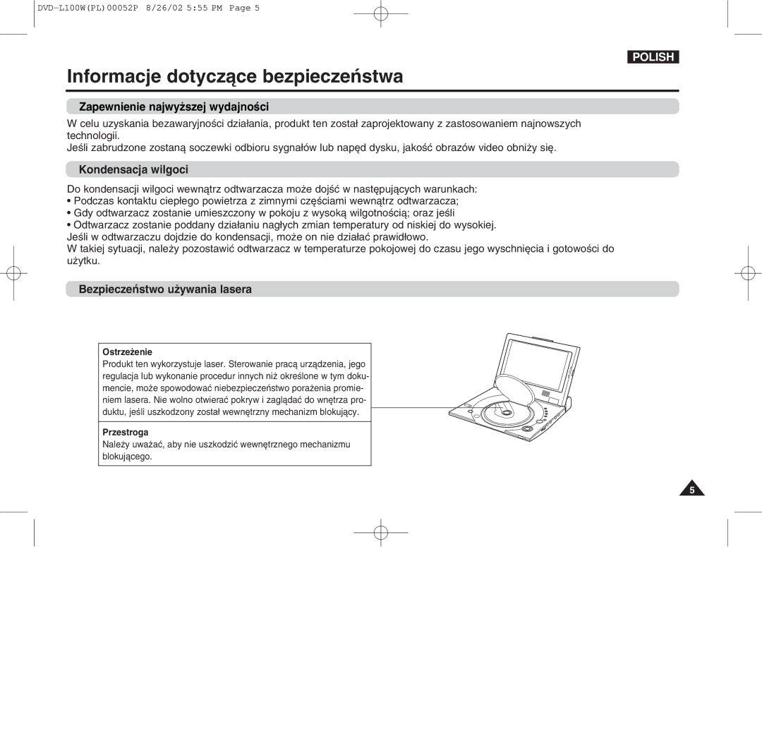 Samsung L100W manual Informacje dotyczˆce bezpieczeÄstwa, Zapewnienie najwyýszej wydajnoæci, Kondensacja wilgoci 