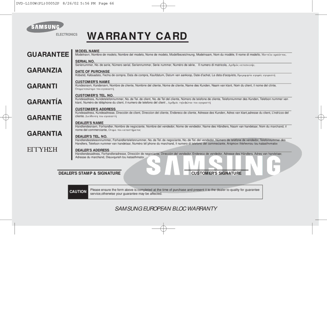 Samsung L100W manual Warranty Card 