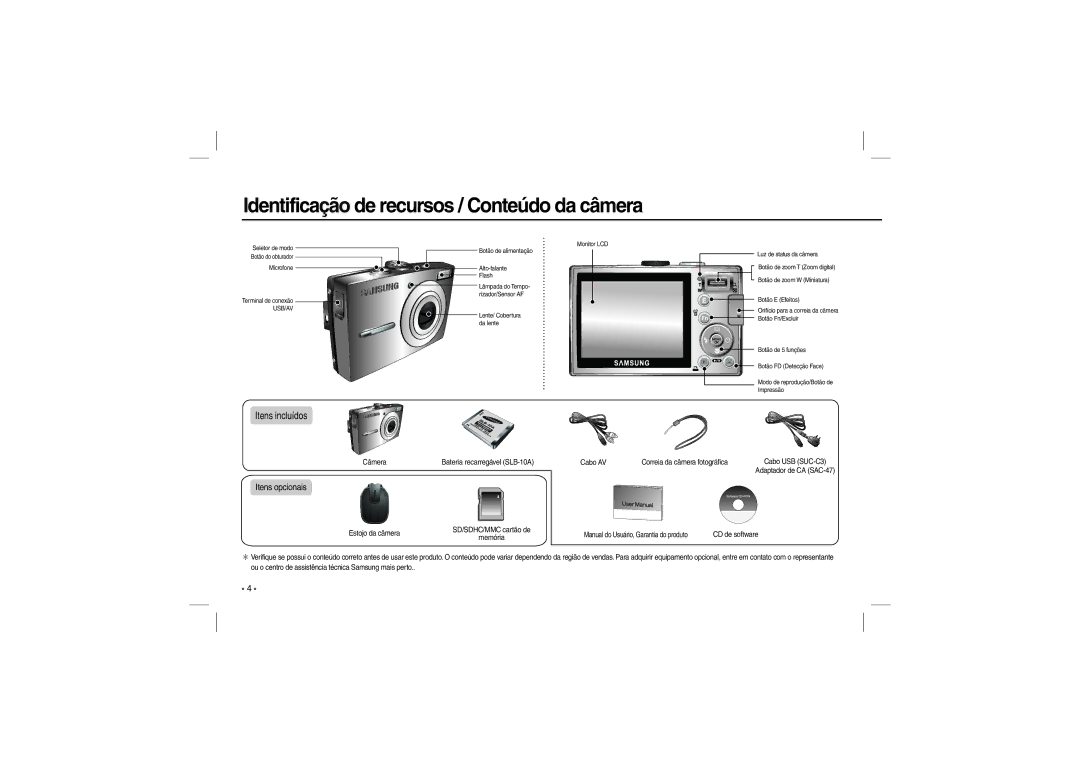 Samsung L200 manual Identificação de recursos / Conteúdo da câmera, Usb/Av 