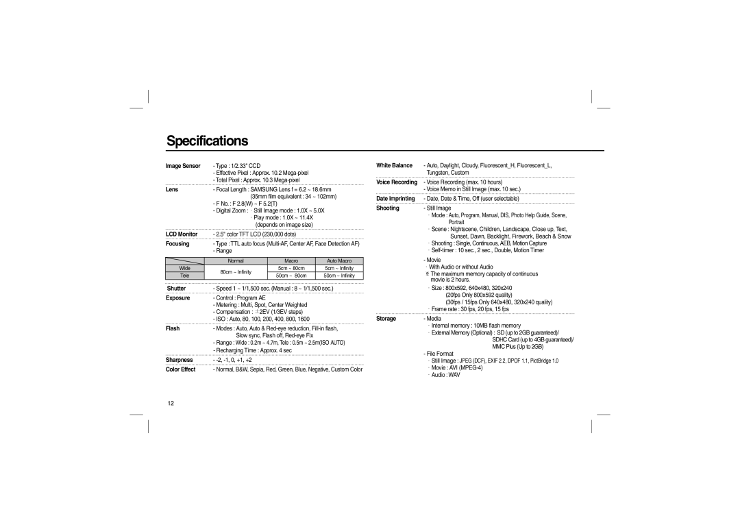 Samsung L200 manual Specifications 