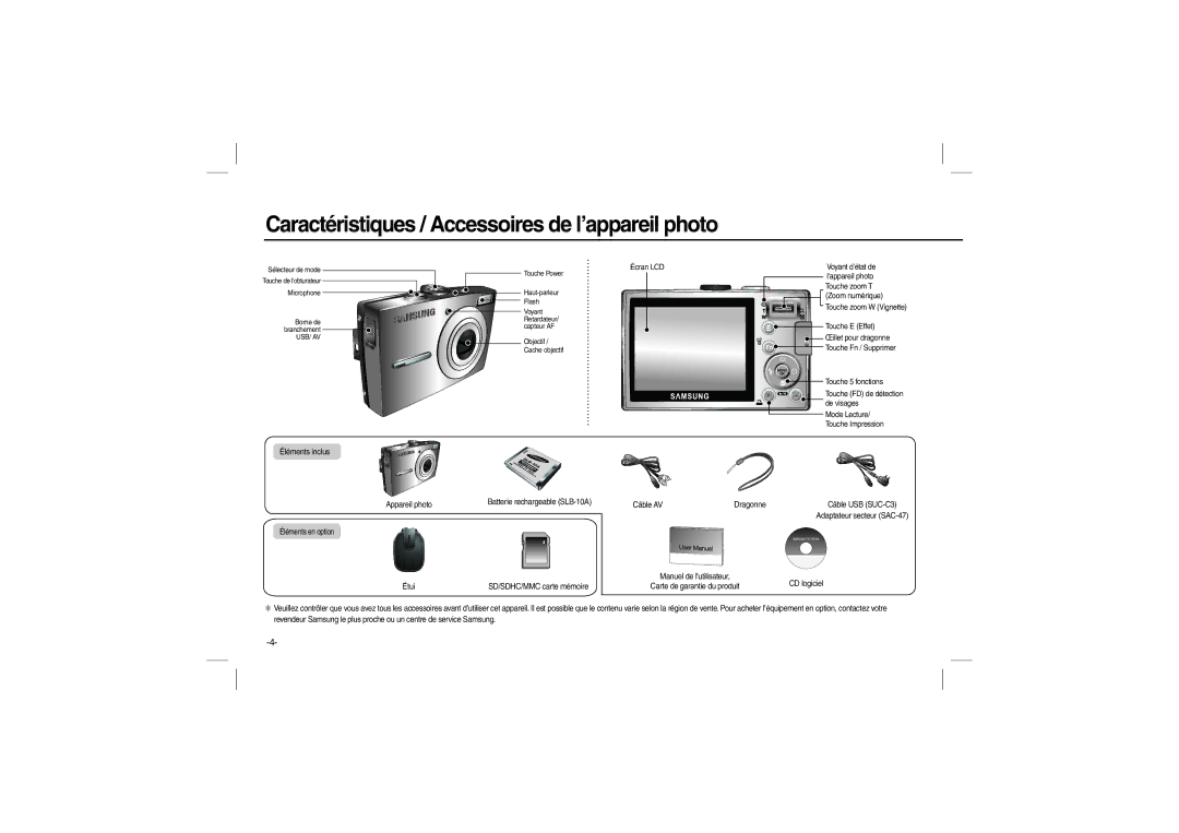 Samsung L200 manual Caractéristiques / Accessoires de l’appareil photo 