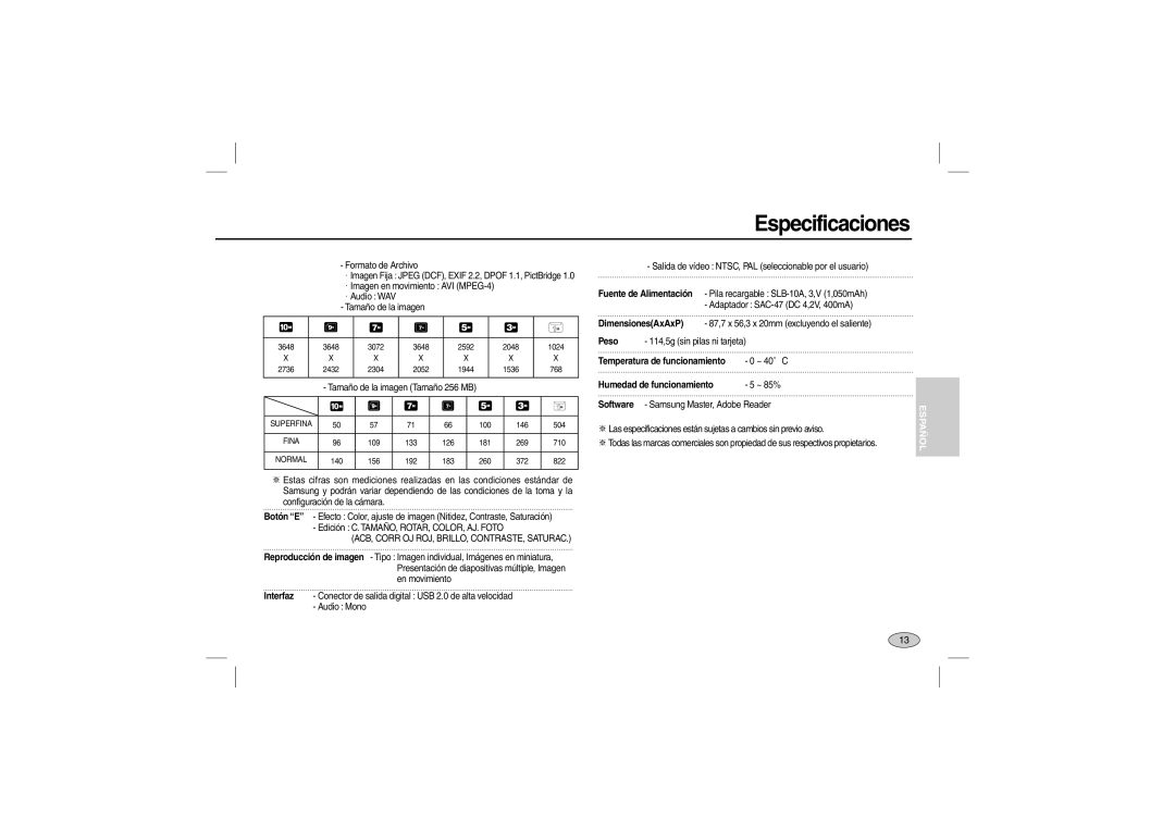 Samsung L200 manual ACB, Corr OJ ROJ, BRILLO, CONTRASTE, Saturac, Temperatura de funcionamiento, Humedad de funcionamiento 