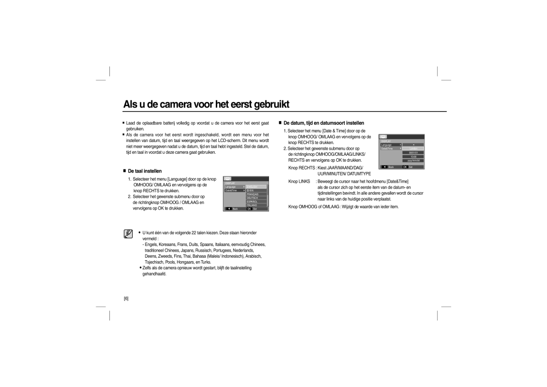 Samsung L200 manual Als u de camera voor het eerst gebruikt, De datum, tijd en datumsoort instellen, De taal instellen 