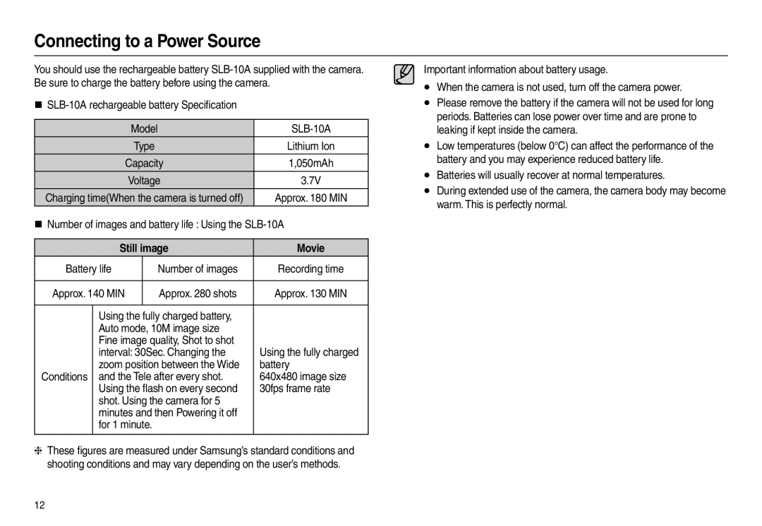 Samsung L200 manual Connecting to a Power Source, Still image Movie 