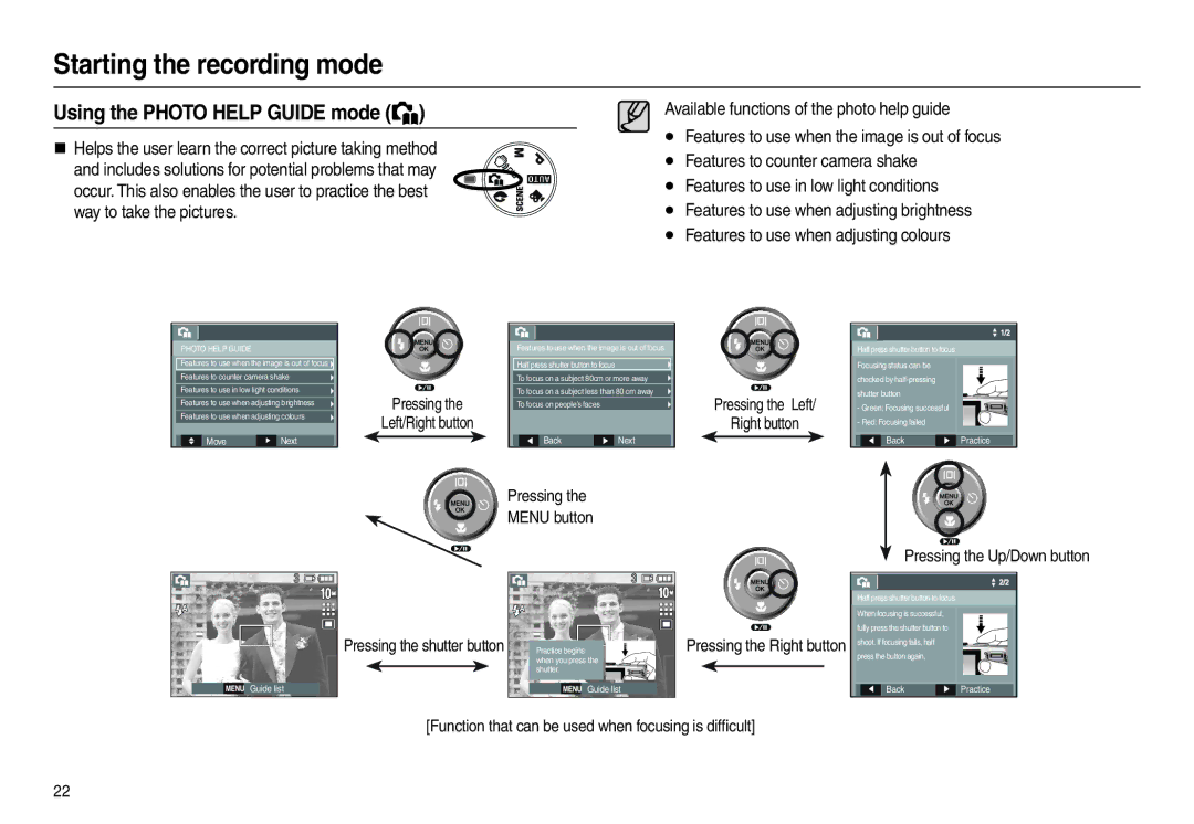 Samsung L200 manual Using the Photo Help Guide mode, Pressing Left/Right button, Pressing the Left Right button 