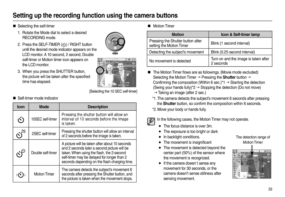 Samsung L200 manual Icon Mode, Motion Icon & Self-timer lamp 