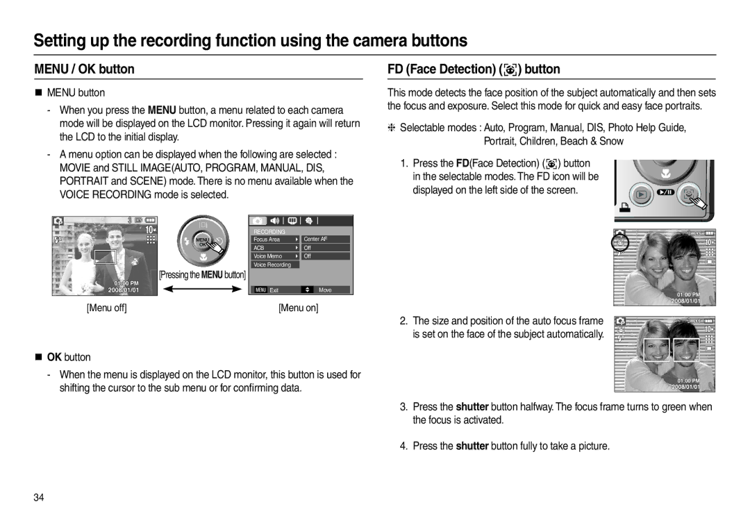 Samsung L200 manual Menu / OK button, FD Face Detection  button, „ OK button, Pressing the Menu button, Menu off Menu on 