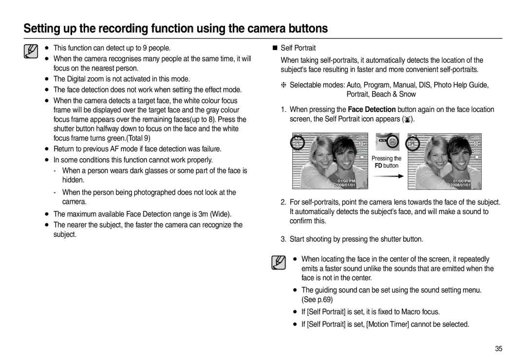 Samsung L200 This function can detect up to 9 people „ Self Portrait, Focus on the nearest person, Portrait, Beach & Snow 