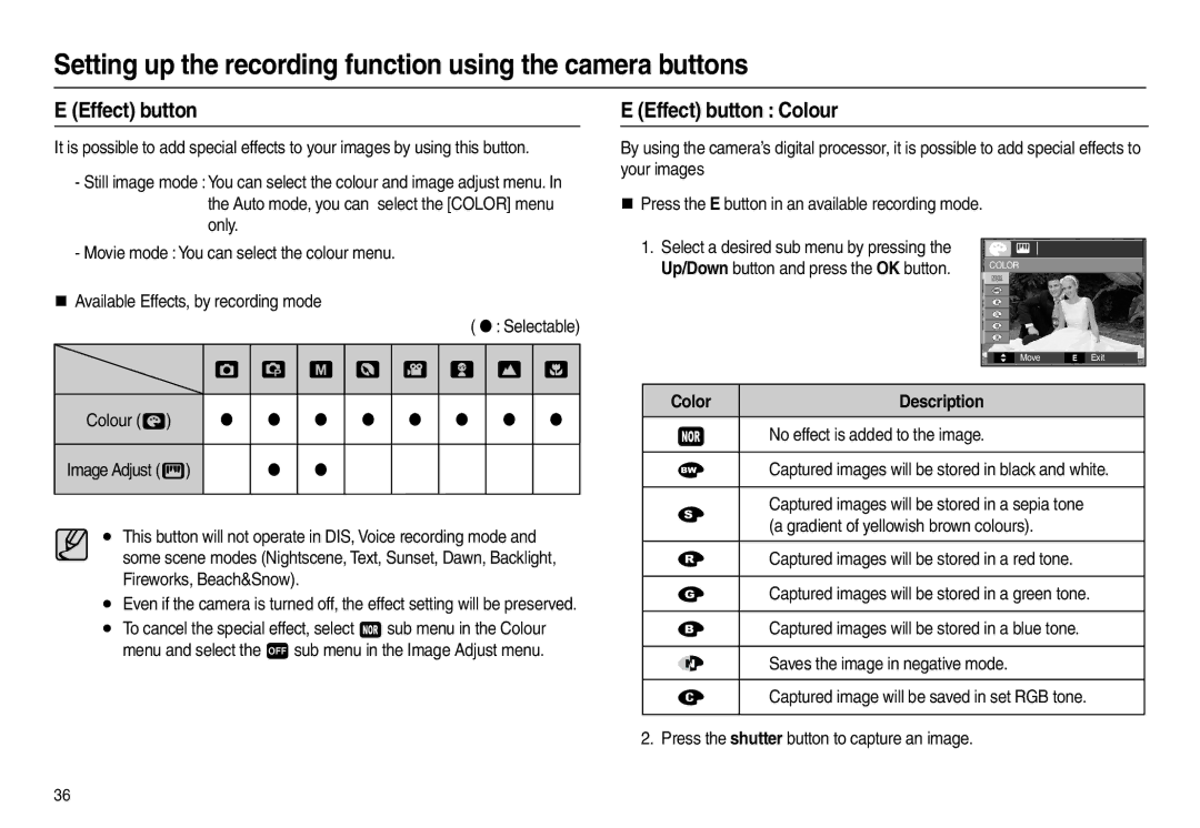 Samsung L200 manual Effect button Colour, Colour , Color, Image Adjust  