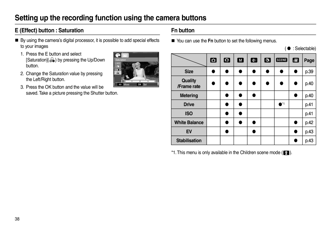 Samsung L200 manual Effect button Saturation, Fn button 