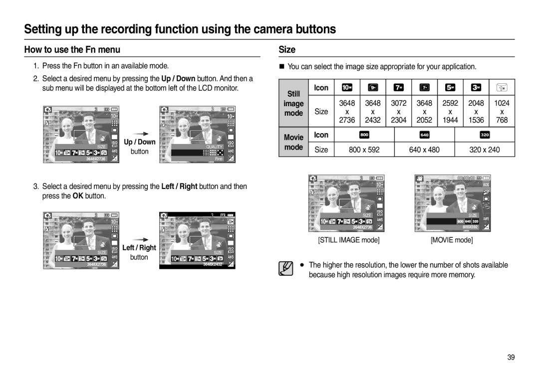 Samsung L200 manual How to use the Fn menu, Size, Press the Fn button in an available mode 