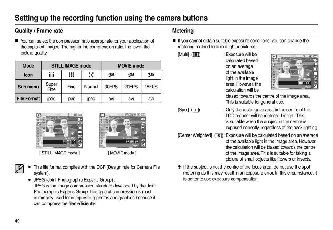 Samsung L200 manual Quality / Frame rate, Metering, Mode Still Image mode 