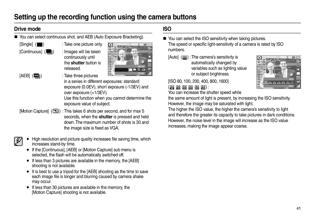 Samsung L200 manual Drive mode, Released, AEB  Take three pictures, , You can increase the shutter speed while 