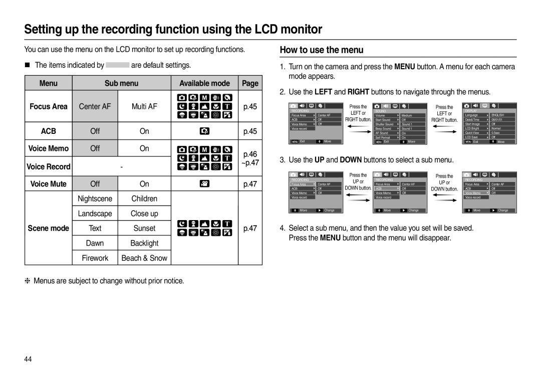 Samsung L200 Setting up the recording function using the LCD monitor, How to use the menu, Available mode, Voice Mute Off 