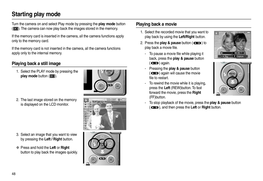 Samsung L200 manual Starting play mode, Playing back a movie, Playing back a still image 