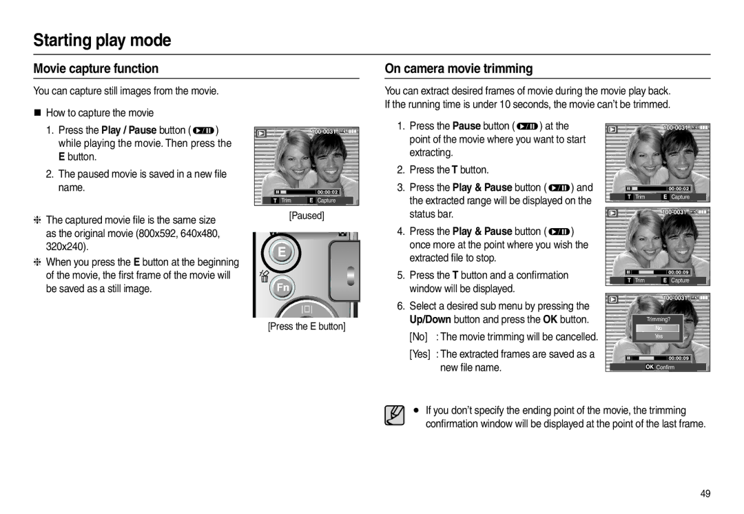 Samsung L200 manual Movie capture function On camera movie trimming, You can capture still images from the movie, Name 