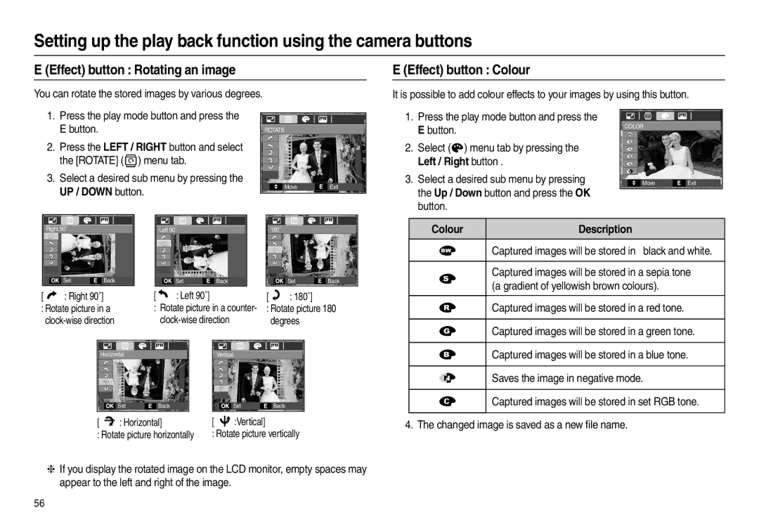 Samsung L200 manual Effect button Rotating an image, Rotate  menu tab, UP / Down button 