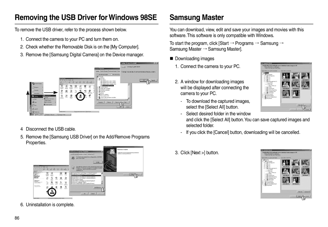 Samsung L200 manual Samsung Master, Removing the USB Driver for Windows 98SE 