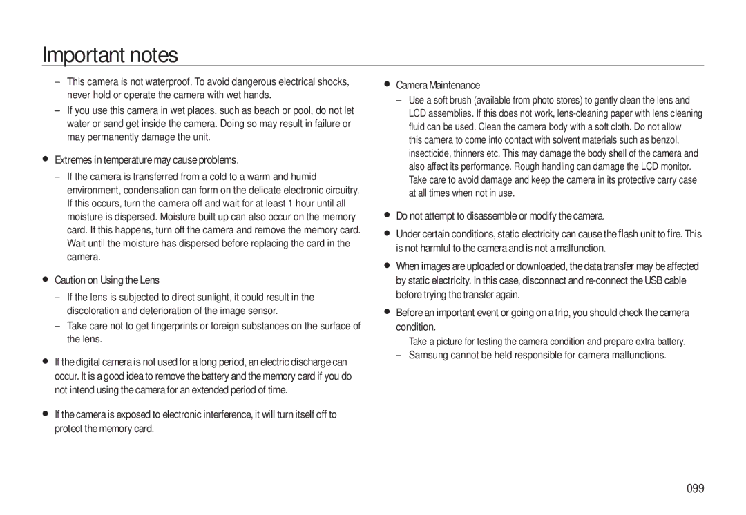 Samsung L310W manual Extremes in temperature may cause problems, Do not attempt to disassemble or modify the camera, 099 