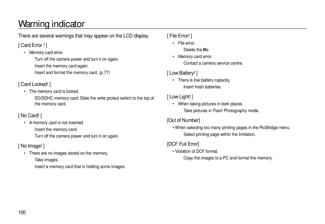 Samsung L310W manual Card Locked, No Card, No Image, File Error, Low Battery, Low Light, Out of Number, DCF Full Error, 100 
