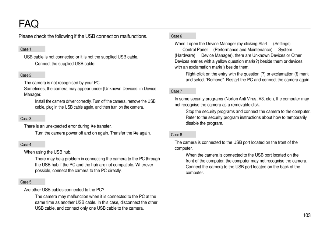 Samsung L310W manual 103, Case, When using the USB hub, Are other USB cables connected to the PC? 