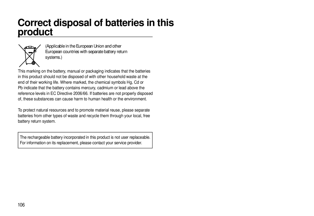 Samsung L310W manual Correct disposal of batteries in this product, 106 