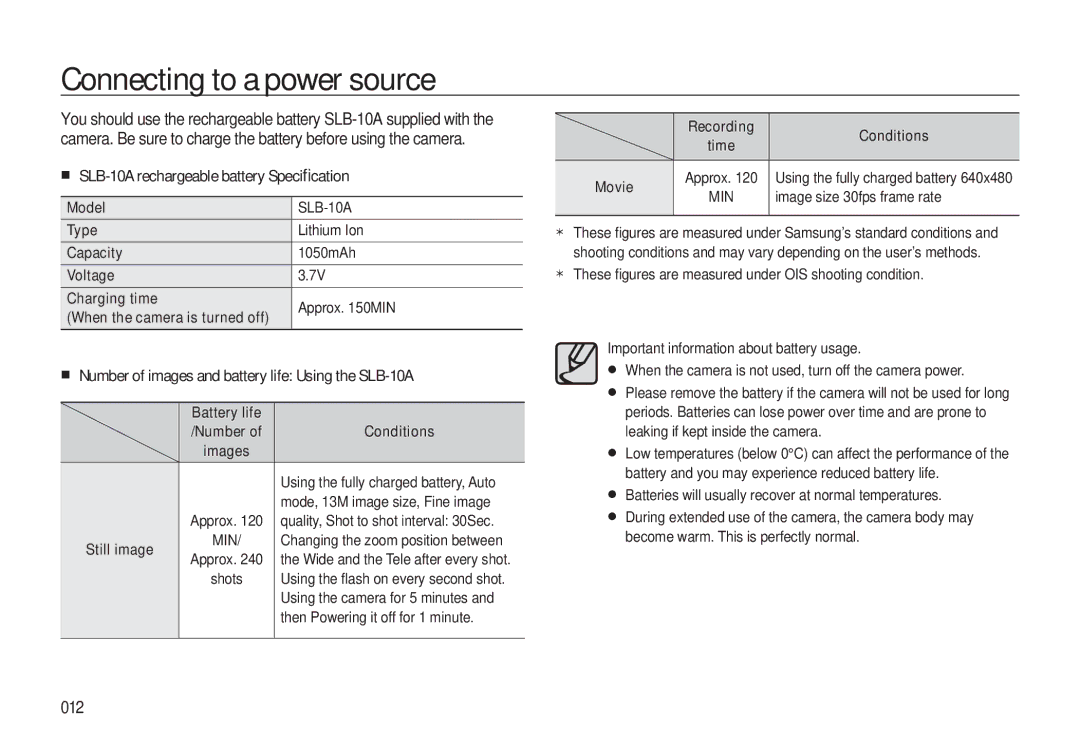 Samsung L310W manual Connecting to a power source, SLB-10A rechargeable battery Speciﬁcation, 012 