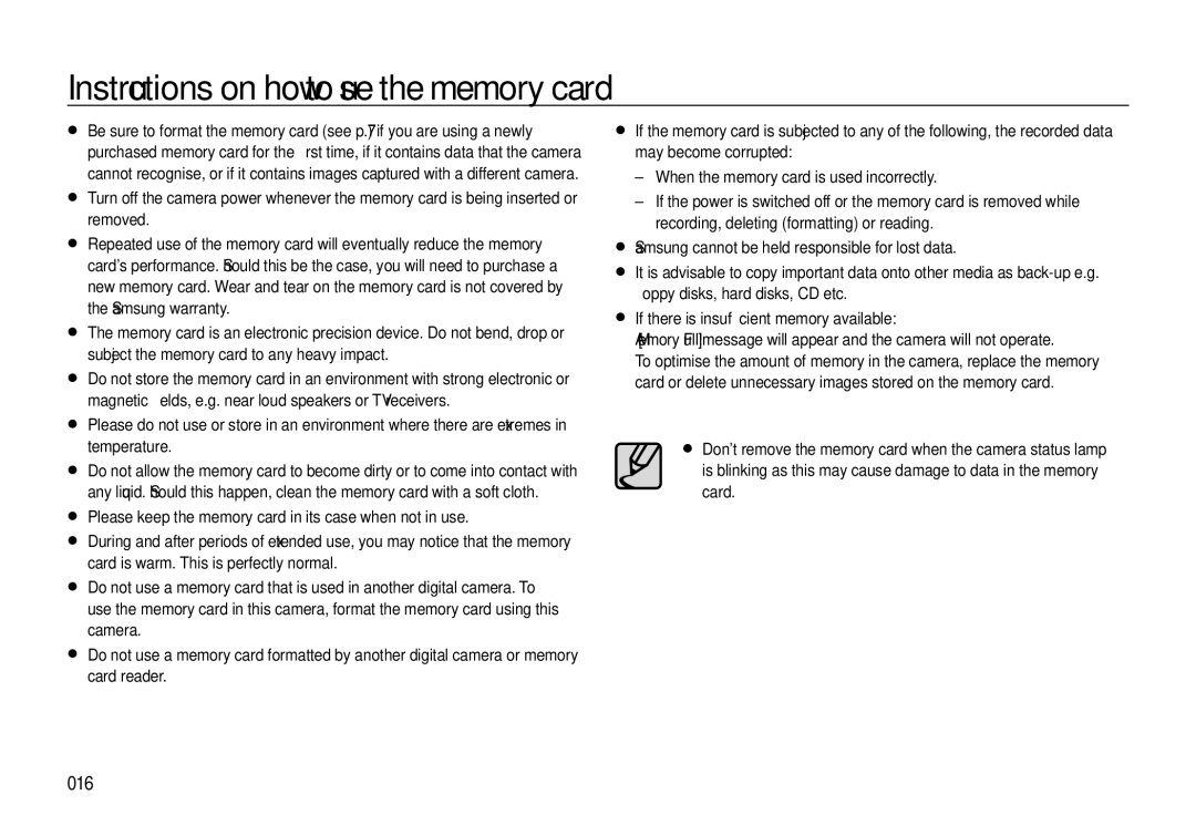 Samsung L310W manual Instructions on how to use the memory card, 016 