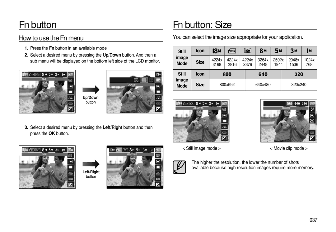 Samsung L310W manual Fn button Fn button Size, How to use the Fn menu, 037 