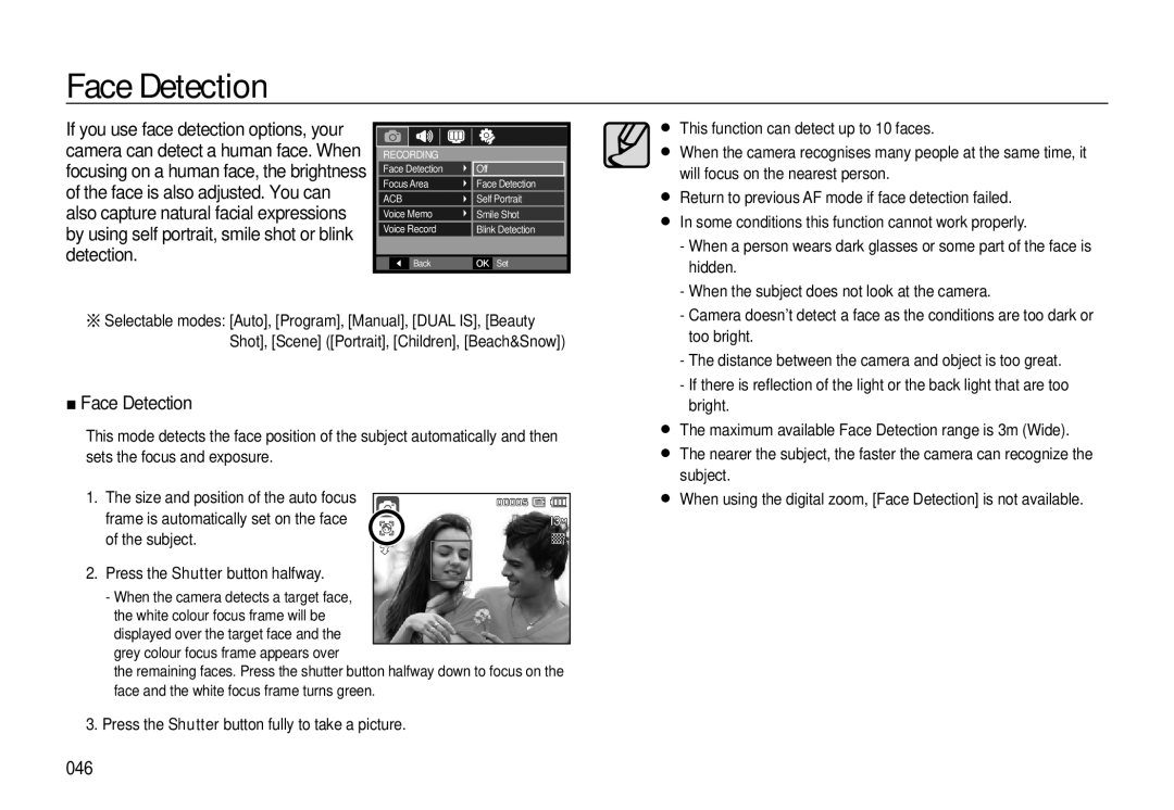 Samsung L310W manual Face Detection, 046 