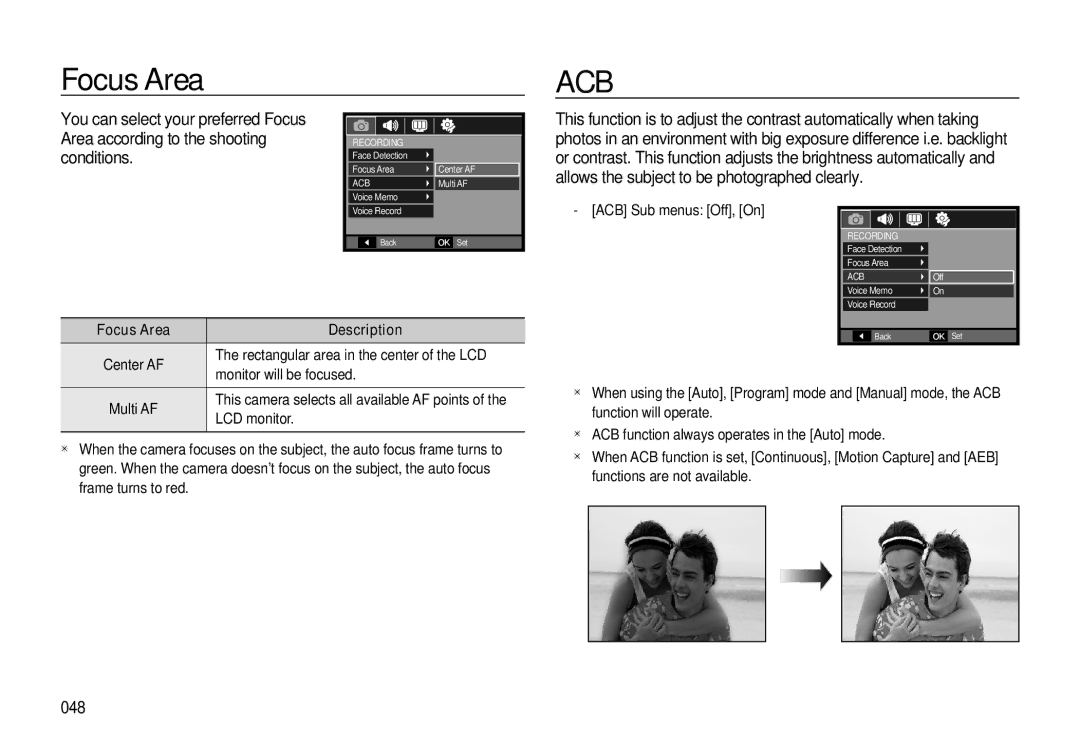 Samsung L310W manual 048, Focus Area Description, Rectangular area in the center of the LCD, Monitor will be focused 