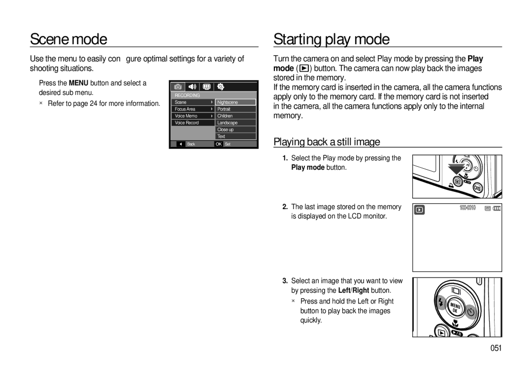 Samsung L310W manual Scene mode, Starting play mode, Playing back a still image, 051 