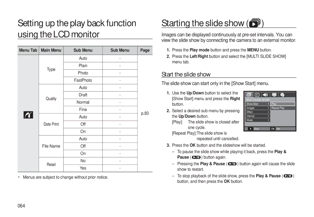 Samsung L310W manual Starting the slide show, Start the slide show, Slide show can start only in the Show Start menu, 064 