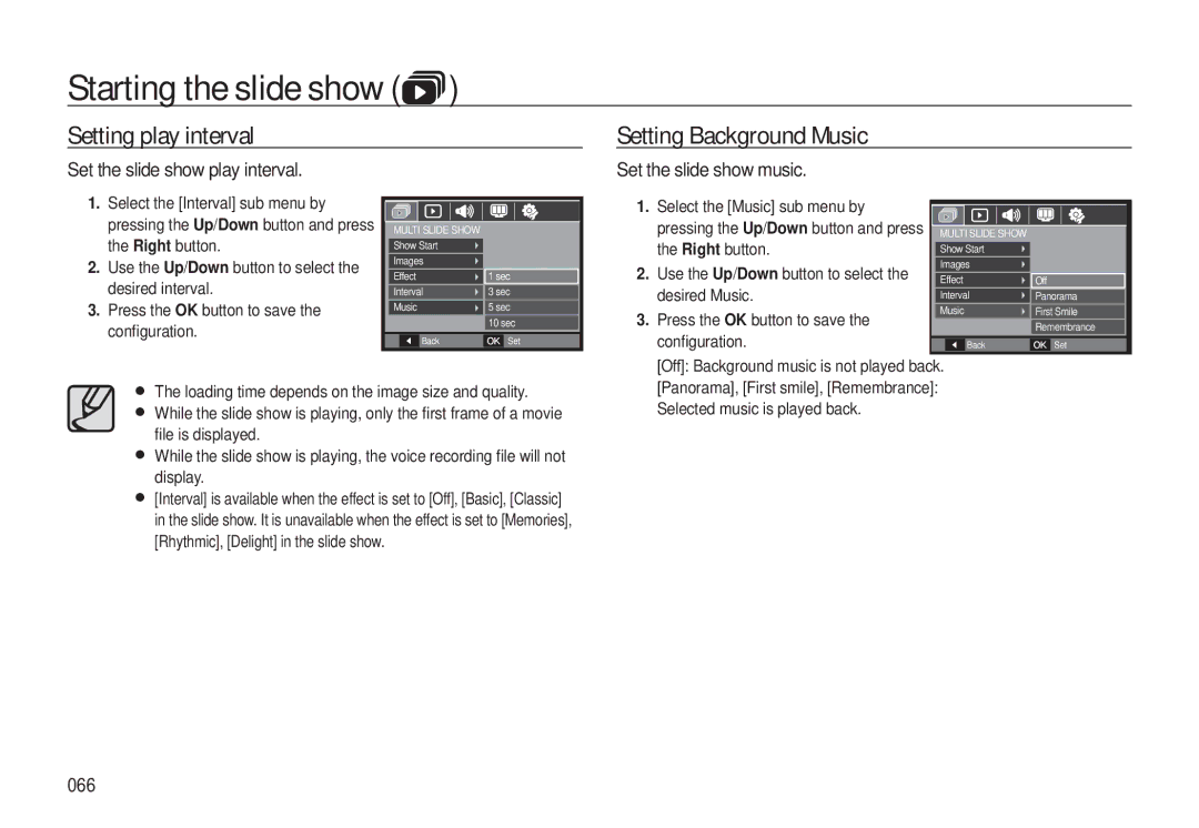 Samsung L310W Setting play interval, Setting Background Music, Set the slide show play interval, Set the slide show music 