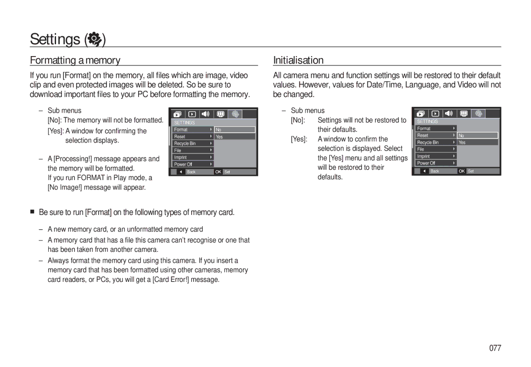 Samsung L310W Settings, Formatting a memory, Initialisation, Be sure to run Format on the following types of memory card 