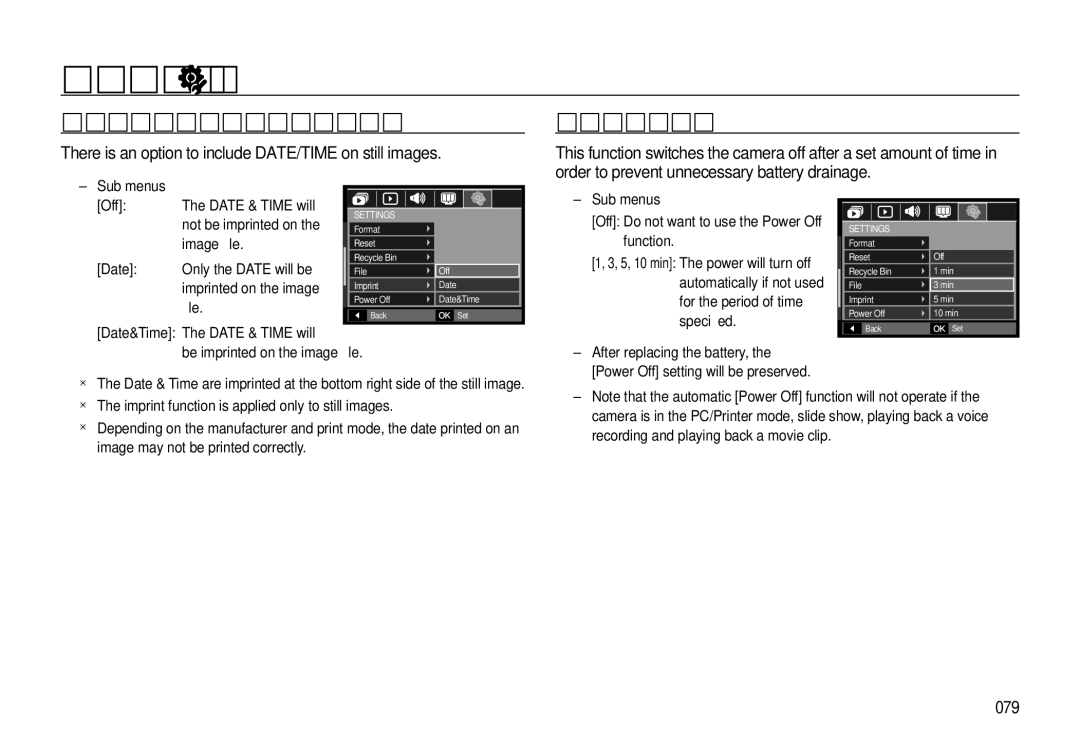 Samsung L310W Imprinting the recording date, Auto power off, There is an option to include DATE/TIME on still images, 079 