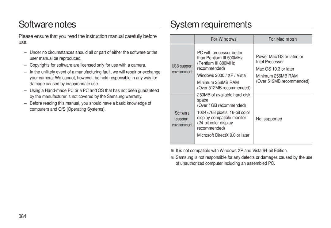 Samsung L310W manual Software notes, System requirements, 084, For Windows For Macintosh 