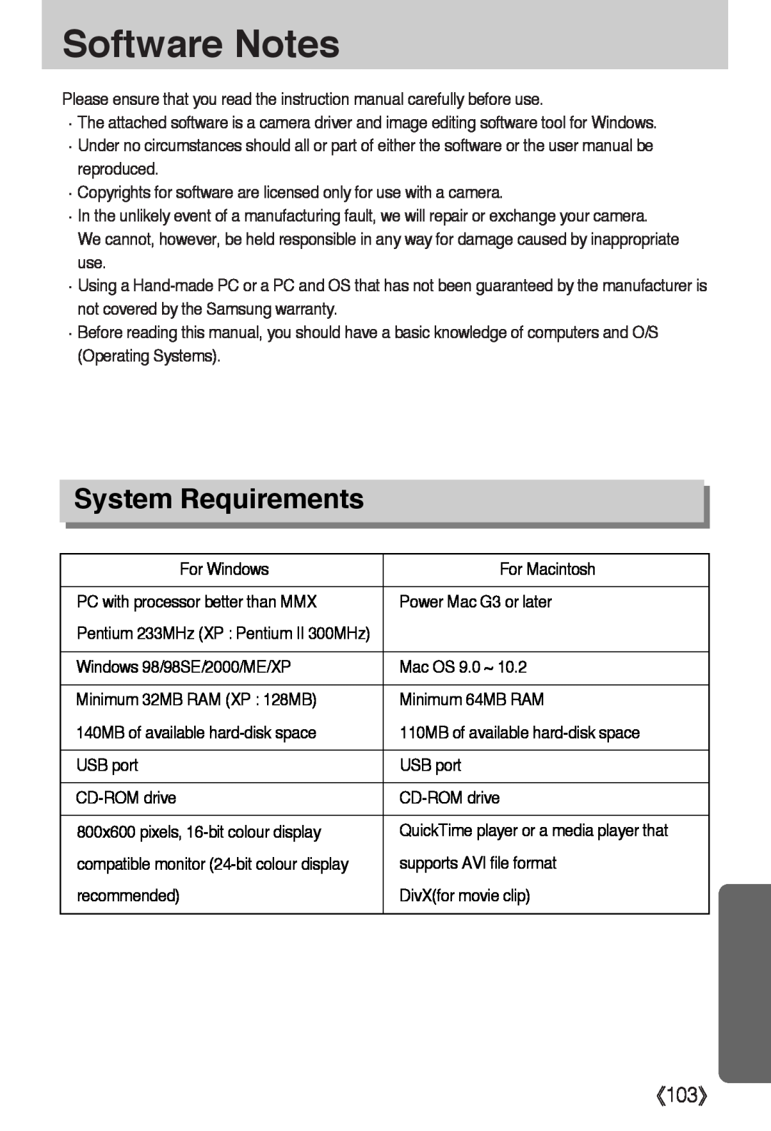 Samsung L50 user manual Software Notes, System Requirements, 《103》 