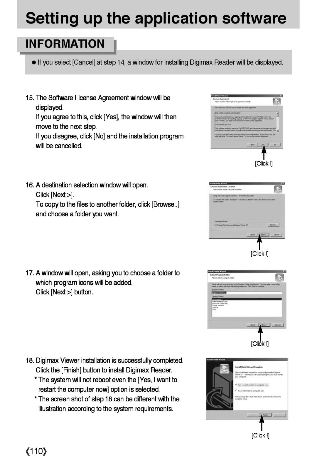 Samsung L50 user manual 《110》, Setting up the application software, Information 