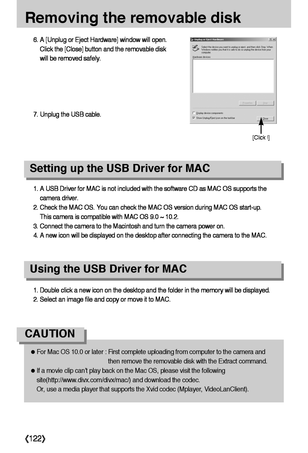 Samsung L50 user manual Setting up the USB Driver for MAC, Using the USB Driver for MAC, 《122》, Removing the removable disk 