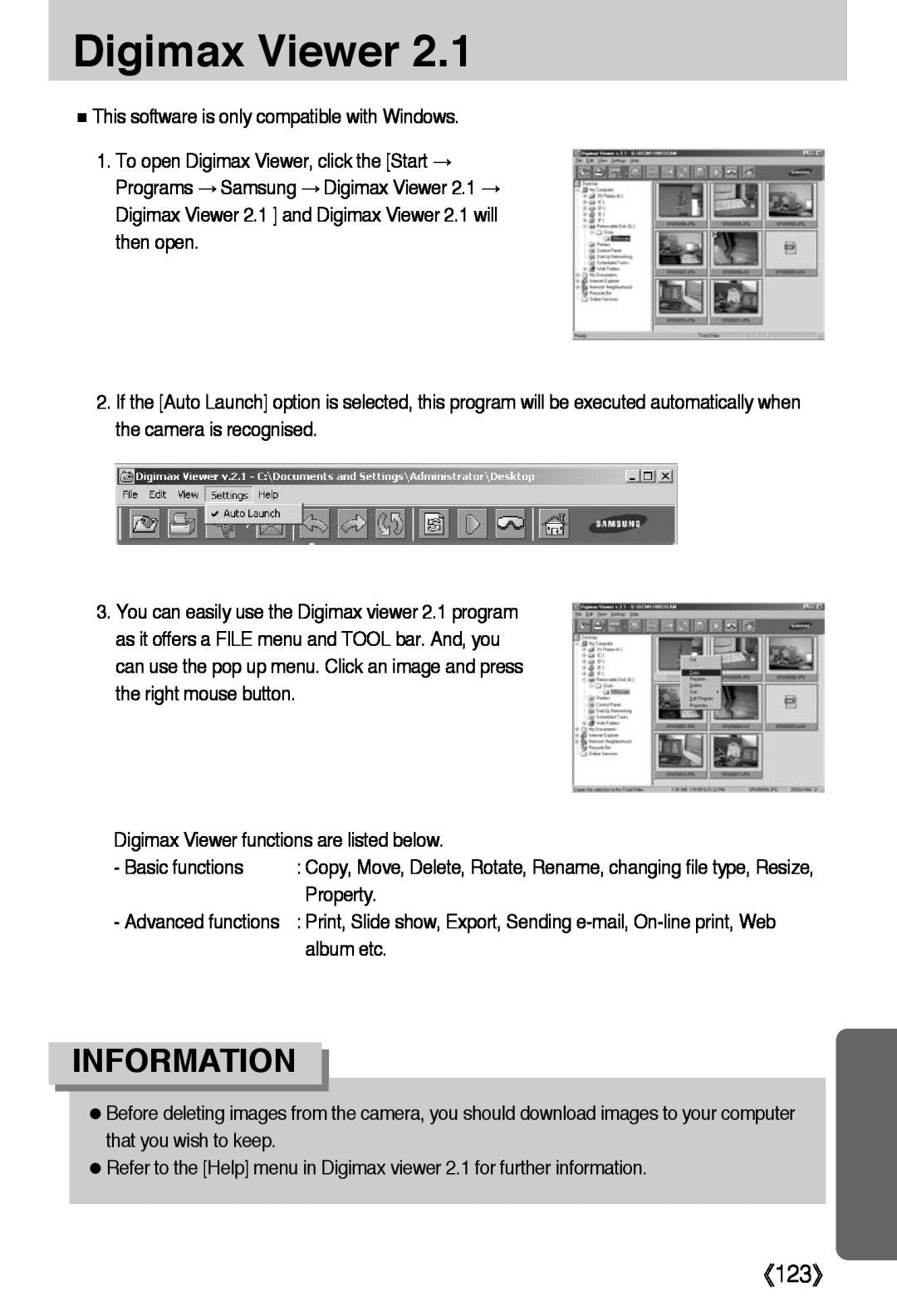 Samsung L50 user manual Digimax Viewer, 《123》, Information 