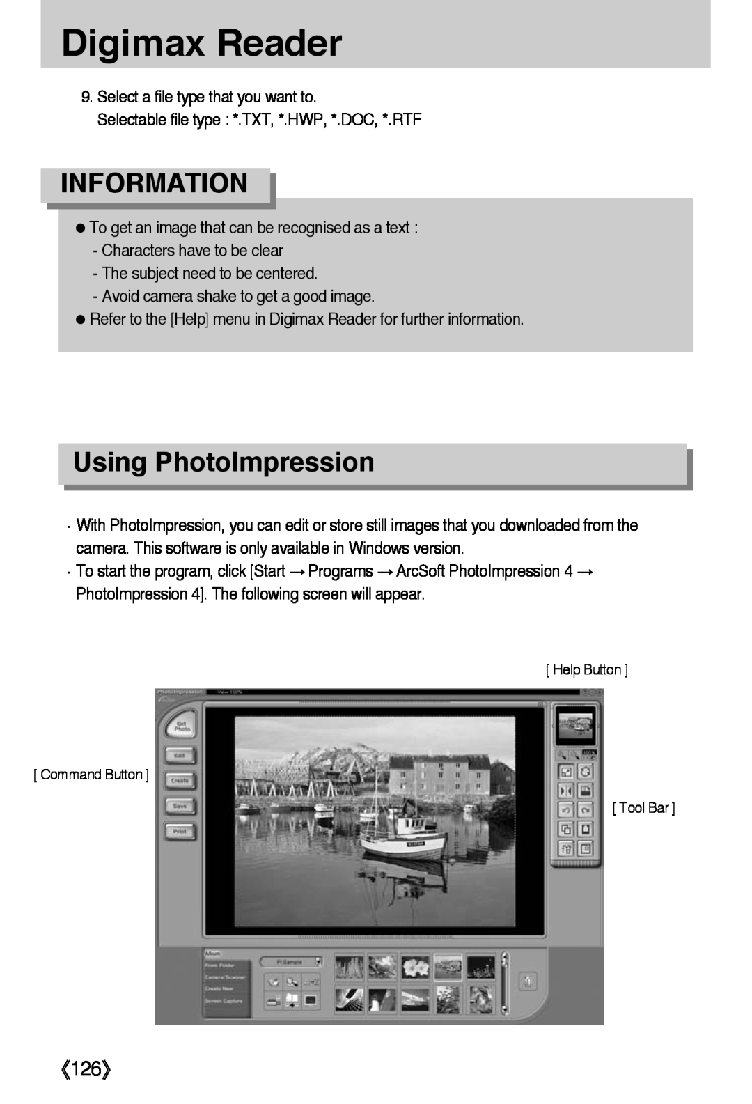 Samsung L50 user manual Using PhotoImpression, 《126》, Digimax Reader, Information 