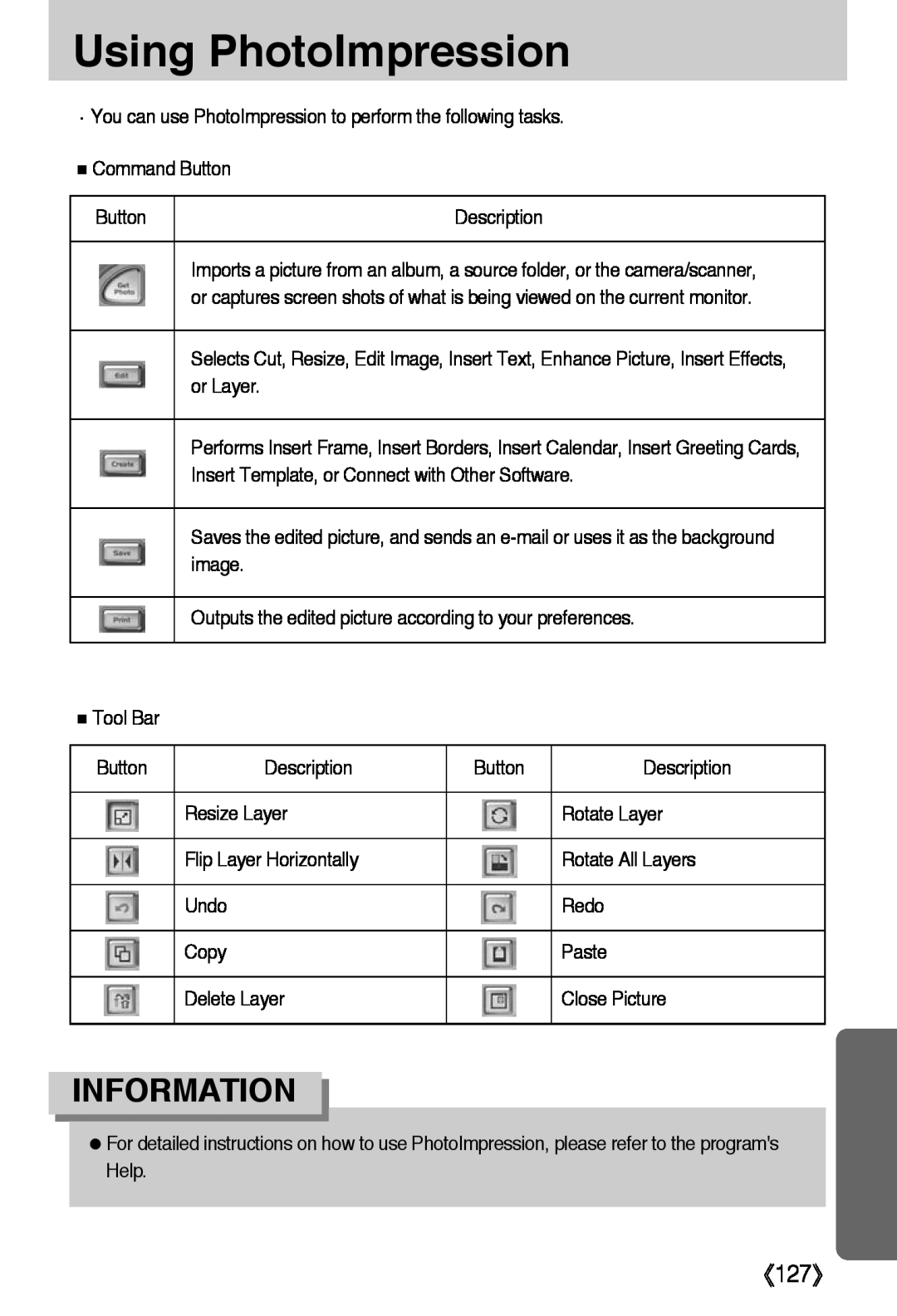 Samsung L50 user manual Using PhotoImpression, 《127》, Information 