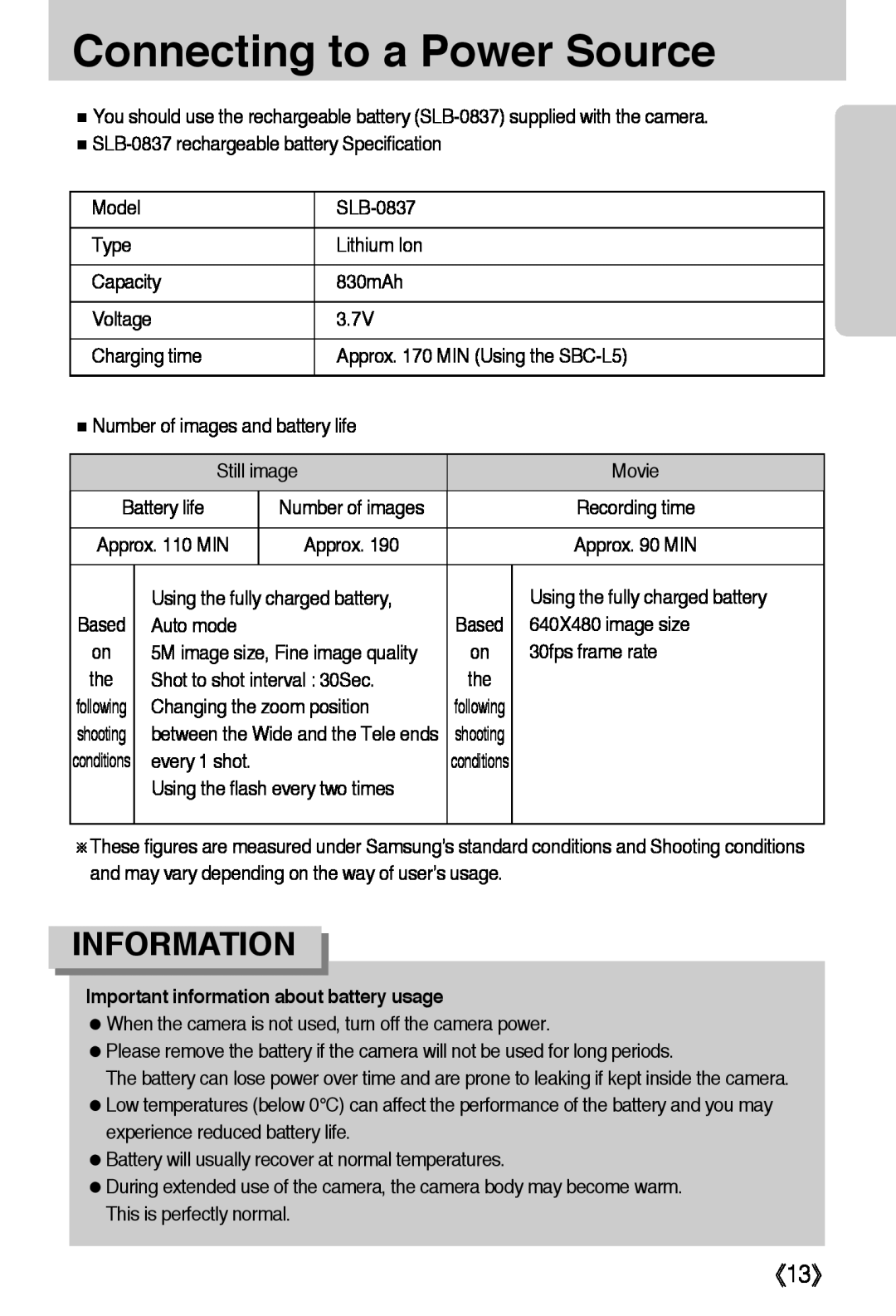 Samsung L50 user manual Connecting to a Power Source, Information, 《13》 